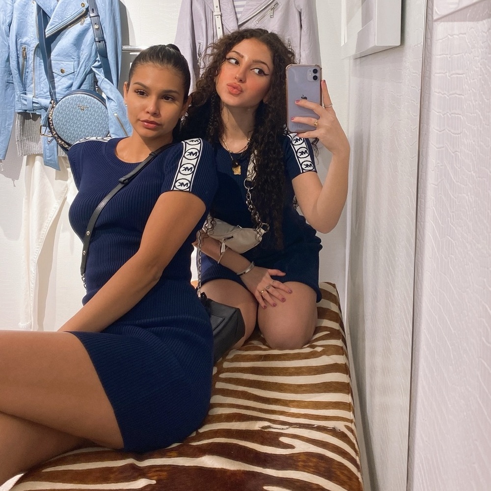 michael kors bodycon ribbed navy blue logo dress